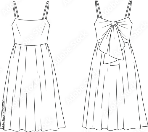 Summer dress illustration, sleeveless dress fashion sketch, women’s clothing design, elegant apparel outline, stylish midi dress drawing, feminine outfit vector design