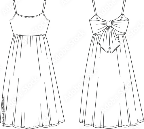 Summer dress illustration, women’s fashion sketch, sleeveless dress design, elegant clothing outline, stylish maxi dress drawing, casual wear vector, feminine apparel