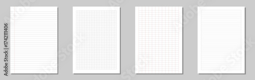 Lined and checkered sheets paper. Collection of blank notebook paper sheets with binder holes, design with lines. Paper page isolated, dots and cells notebook pattern