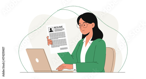 Woman reviewing resume while utilizing laptop, an illustration of seeking employment opportunity