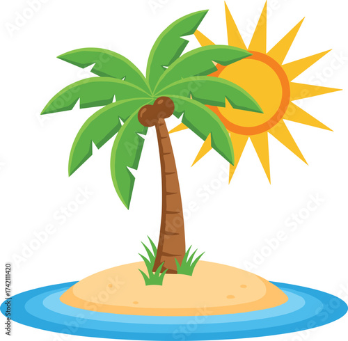 Tropical island with palm tree, bright sun, blue ocean waves, sandy beach, summer vacation paradise, exotic nature, holiday travel illustration