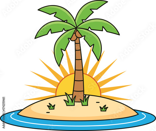 Tropical island with palm tree, sunrise background, summer vacation beach, ocean wave, exotic paradise, cartoon holiday travel, nature scenery