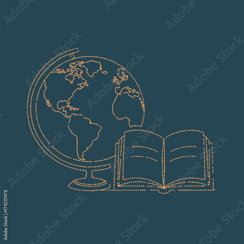 Educational globe and open book representing global learning and knowledge sharing in a minimalistic line art style