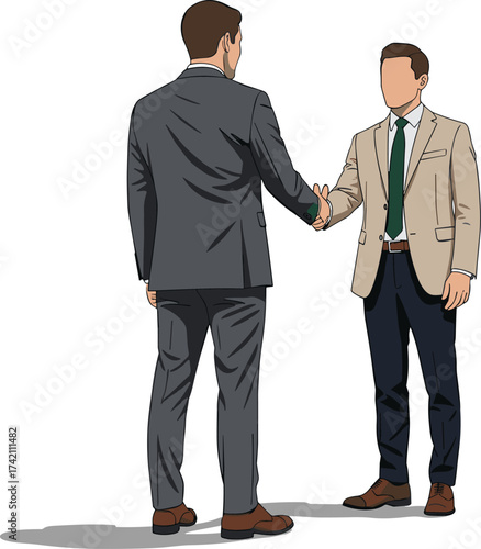 Two businessmen handshake illustration, corporate agreement, business partnership, professional meeting, contract deal, teamwork success, collaboration concept, vector art, office attire, leadership