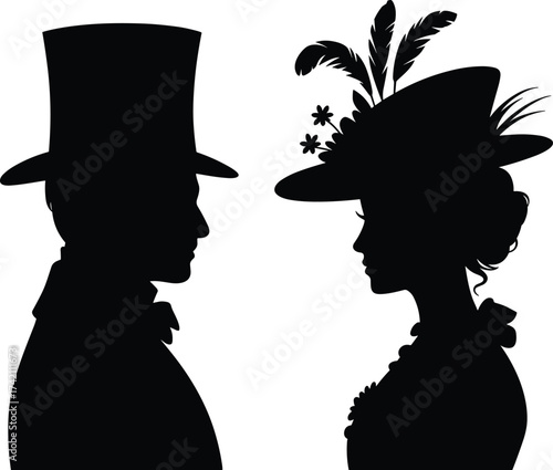 Vintage Victorian man and woman silhouette, elegant fashion, retro style, classic attire, historical costume, black and white, profile portrait, aristocratic, formal wear, 