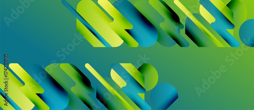 Abstract geometric shapes overlap, creating vibrant green, blue gradients. Modern design suggests depth, movement, visual interest.