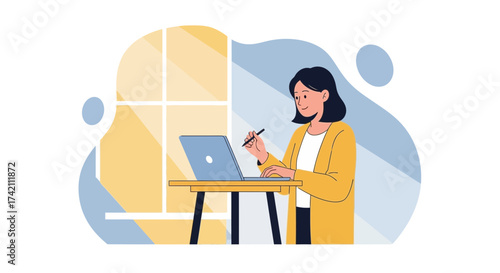 Woman Working Remotely, Freelance Illustration with Computer and Stylus