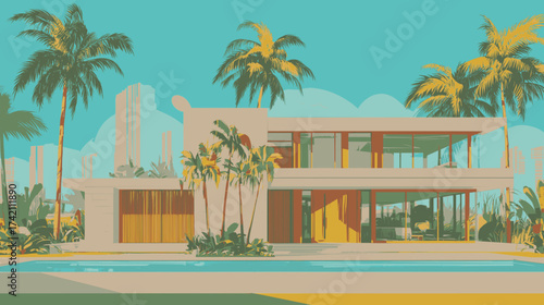 Modern large villa with palm trees