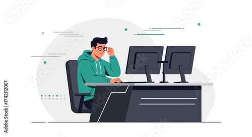 Young Professional Concentrating Deeply While Working At His Two Computer System