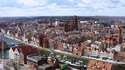The Main Town of Gdansk by the Motlawa river at blossom spring, Poland.