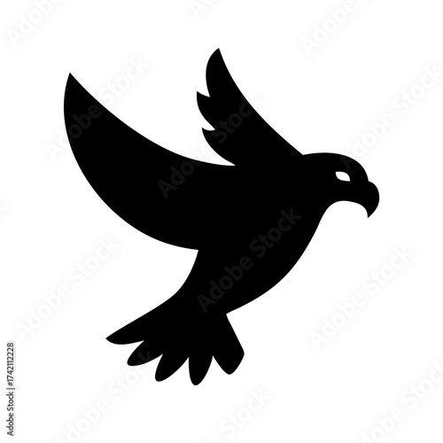 Vector art of a majestic black falcon soars gracefully, its wings outstretched against an, embodying freedom and power in a minimalist design