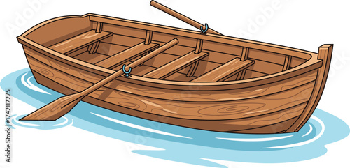 Wooden rowboat illustration, rustic fishing boat, traditional wooden vessel, nautical drawing, wooden oars, lake boat, river watercraft, maritime design