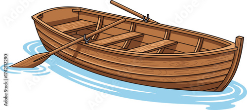 Wooden rowboat on water, small fishing boat, traditional wooden vessel, rustic oars, lake boat, river transport, nautical illustration