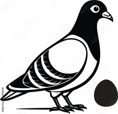 Black and white illustration of a pigeon standing next to an egg