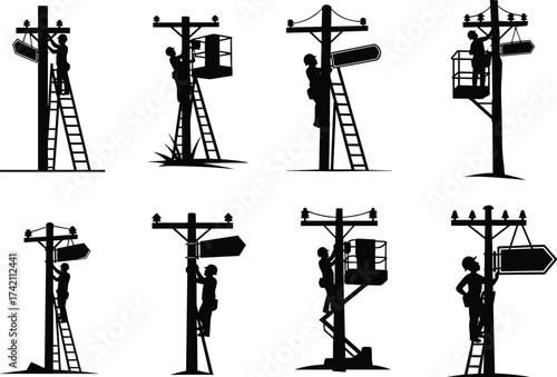 Workers fixing street signs silhouette illustration, ladder and lift maintenance, vector design, construction repair concept, urban signage installation flat artwork