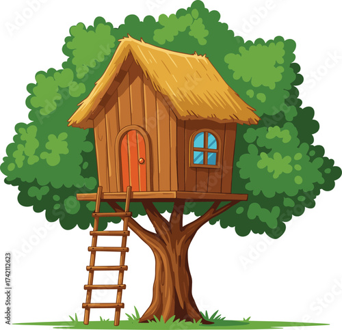 Wooden treehouse with ladder, cartoon nature background, outdoor kids playhouse, summer adventure house, forest hut, childhood fun, backyard activity illustration