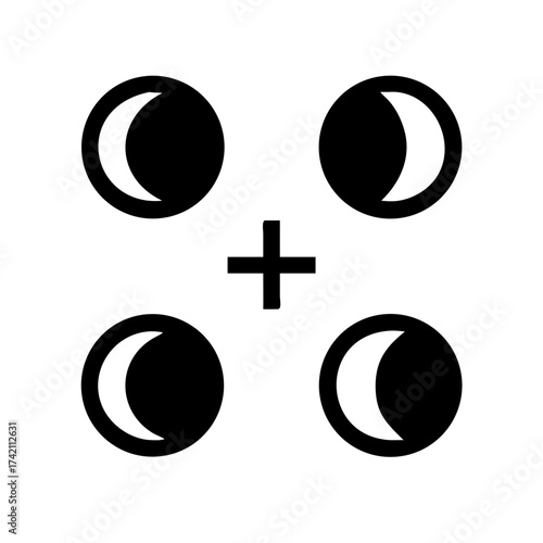 Vector art of four moon phases with a plus sign, representing the lunar cycle and its connection to growth, change, and the interconnectedness of nature