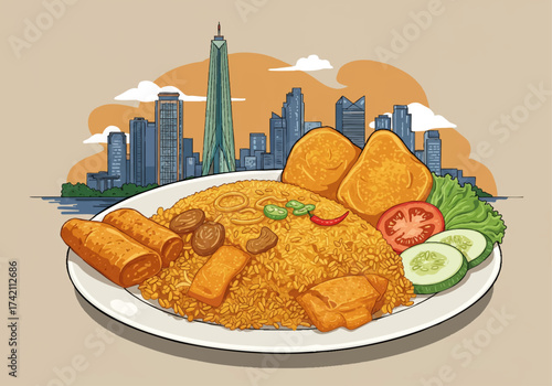 Savory Indonesian Nasi Goreng with Fried Chicken and Jakarta Backdrop