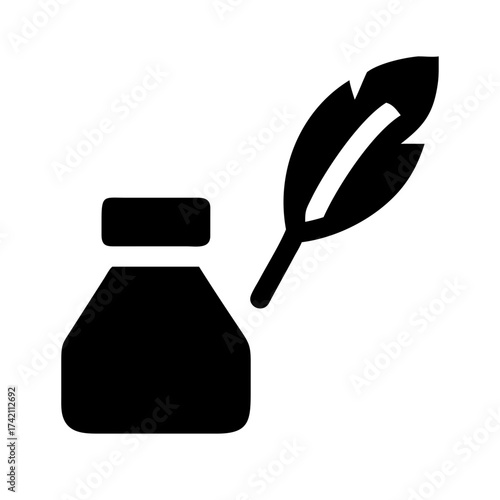 Vector art of inkwell and quill pen, symbolizing writing, literature, history, and creativity in a classic and timeless design