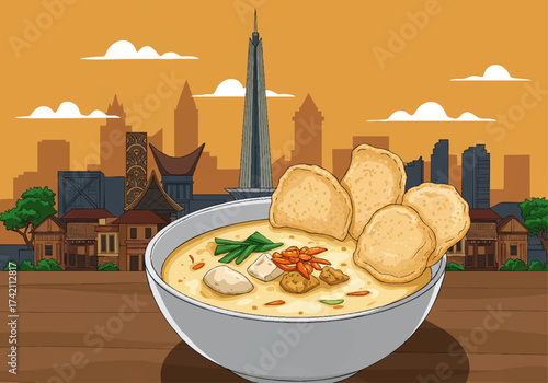 Warming Indonesian Bakso Meatball Soup with Noodles and Jakarta City