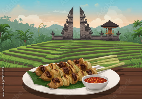 Traditional Balinese Sate Lilit Skewers with Sambal and Temple Backdrop