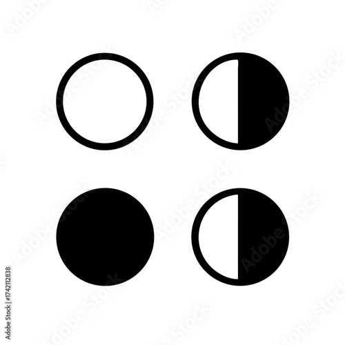 Vector art of phases of the moon, showing the different stages of the lunar cycle from new moon to full moon, in a minimalist black and white design