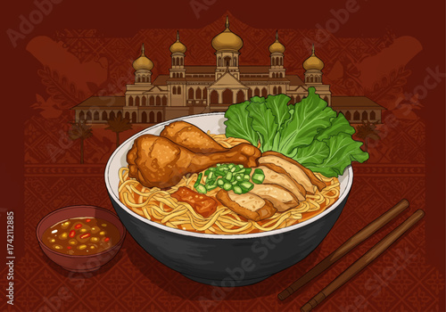 Delicious Indonesian Mie Ayam Chicken Noodles with Palace Mosque