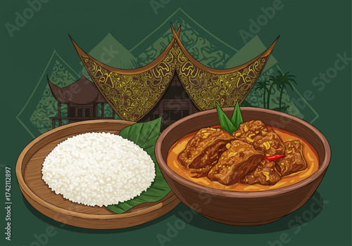 Authentic Indonesian Nasi Padang Rice and Rendang with Minangkabau