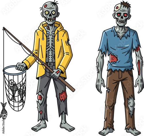 Cartoon zombie fisherman holding fishing rod and net with undead companion, creepy horror illustration for Halloween, apocalypse, and scary character design