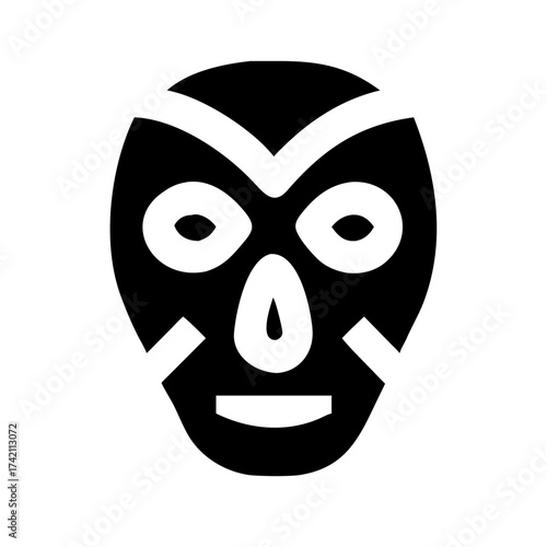 Vector art of stylized mask with symmetrical patterns, represents cultural heritage, tribal art, or anonymity in a bold, graphic design