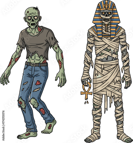 Cartoon zombie and Egyptian mummy illustration, horror fantasy characters for Halloween, undead monsters, ancient pharaoh theme, scary artwork, spooky design, apocalypse art