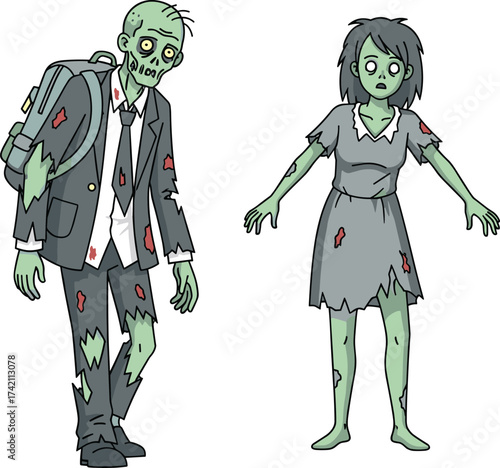 Cartoon zombie man and woman in torn clothes, creepy undead couple illustration for Halloween, apocalypse theme, horror art, and scary design
