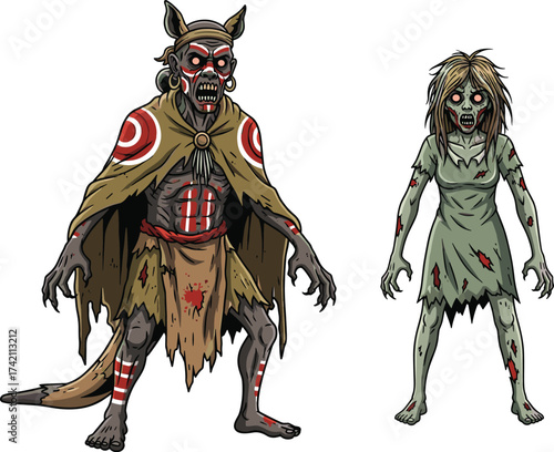 Creepy tribal zombie warrior and undead woman, horror monster characters illustration for Halloween, dark fantasy, apocalypse, and scary cartoon design