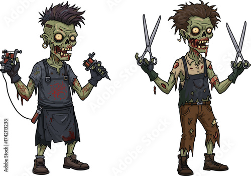 Creepy zombie barber and tattoo artist characters with scissors and tattoo machine, horror illustration, undead monsters, scary cartoon artwork, Halloween concept