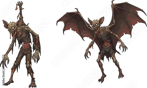 Creepy zombie bat monsters illustration, undead flying creatures, horror fantasy art, scary vampire bats, Halloween night vector design, dark creature drawing