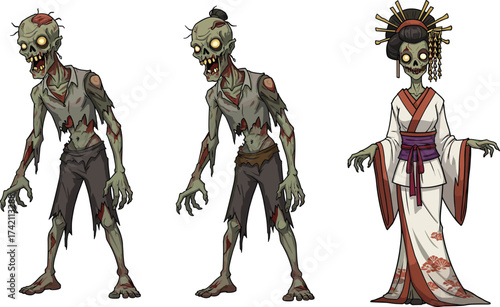 Creepy zombie characters and undead geisha woman in kimono, Halloween horror illustration, spooky Japanese zombie art, scary cartoon style