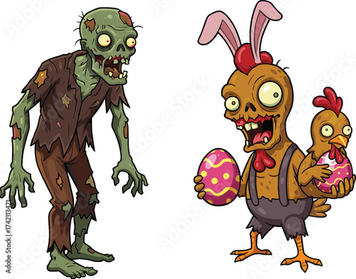 Funny cartoon zombie and Easter chicken hybrid holding eggs, creepy undead Easter character, horror humor artwork, spooky monster illustration
