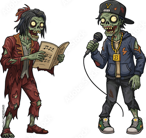 Funny cartoon zombie rappers performing music, hip hop undead singers, horror rap characters, spooky musical monsters, Halloween zombie illustration