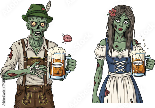 Funny zombie couple celebrating Oktoberfest with beer mugs, Halloween horror theme, undead festival illustration, spooky cartoon artwork, German traditional costume