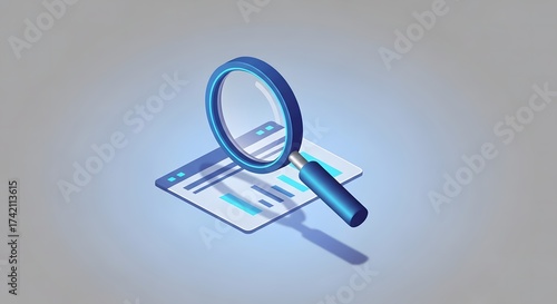 Isometric 3D illustration of a magnifying glass examining a digital document or web page, symbolizing comprehensive search, data analysis, and online optimization processes