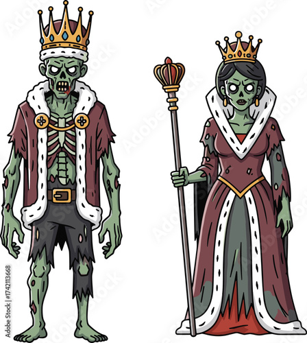 Zombie king and queen illustration, undead royal couple, horror fantasy art, scary Halloween monarch characters, creepy zombie royalty vector design