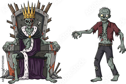 Zombie king on throne and undead man illustration, horror fantasy characters for Halloween, apocalypse theme, scary cartoon monster art, and design