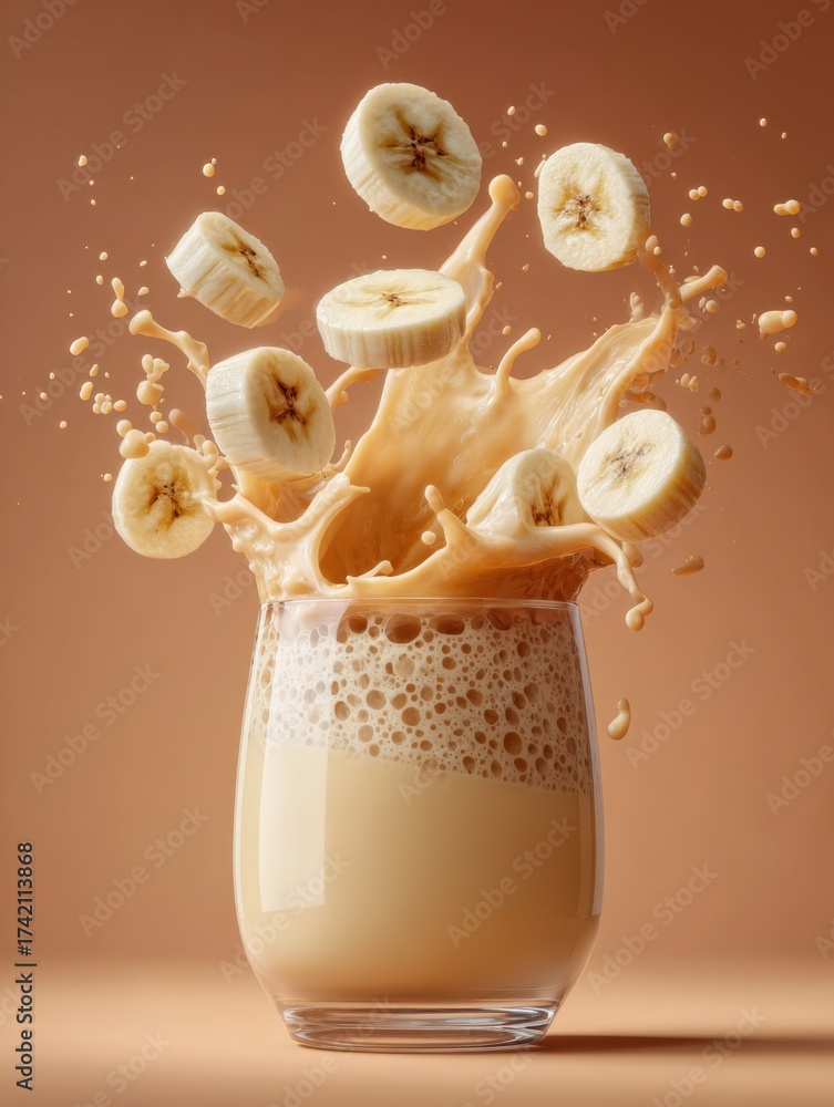 Obraz premium Refreshing Banana Smoothie Splash: A Delicious, Healthy Beverage with Creamy Texture and Vibrant Tropical Flavors, Perfect for Breakfast or Dessert, Packed with Nutrients and Vitamins, Indulgent