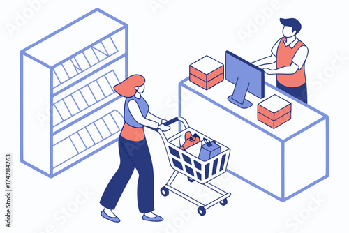 Isometric illustration of a woman pushing a shopping cart to a cashier in a store setting scene