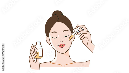 Brunette woman applying facial serum with a dropper while holding a bottle in her other hand