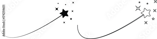 Shooting star icon set with black, outline falling stars, celestial night sky sparkle and comet trail symbols, vector collection for magic, fantasy, astrology and decoration design
