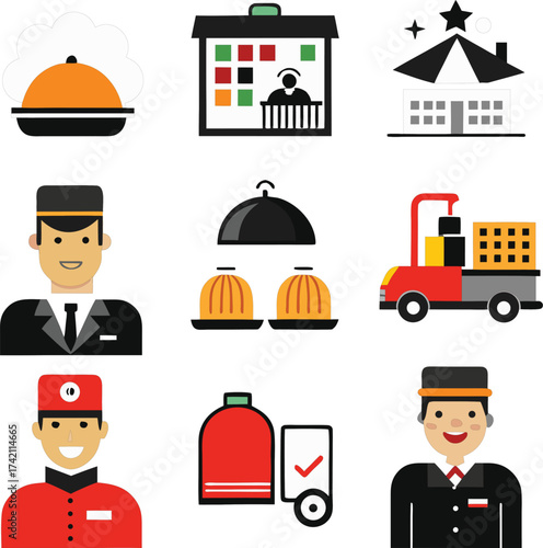 Collection of hotel service icons including staff food and transportation