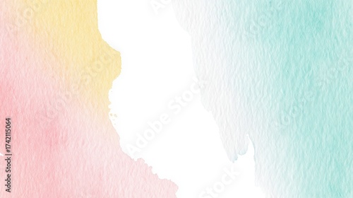 Soft watercolor background with pastel rainbow hues blending pink, yellow, and teal tones, gentle watercolor brushstrokes and light textures, minimalist banner design with white space for text and log