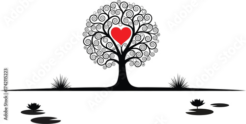 Heart tree illustration with reflection love and nature art editable stock