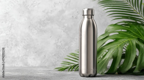 Reusable stainless steel water bottle isolated on white.